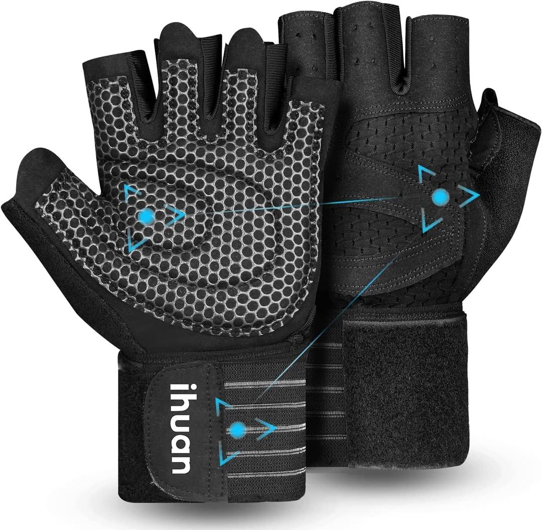 ihuan Ventilated Weight Lifting Gym Workout Gloves with Wrist Wrap Support for Men & Women, Full Palm Protection, for Weightlifting, Training, Fitness, Hanging, Pull ups (Black, X-Large)