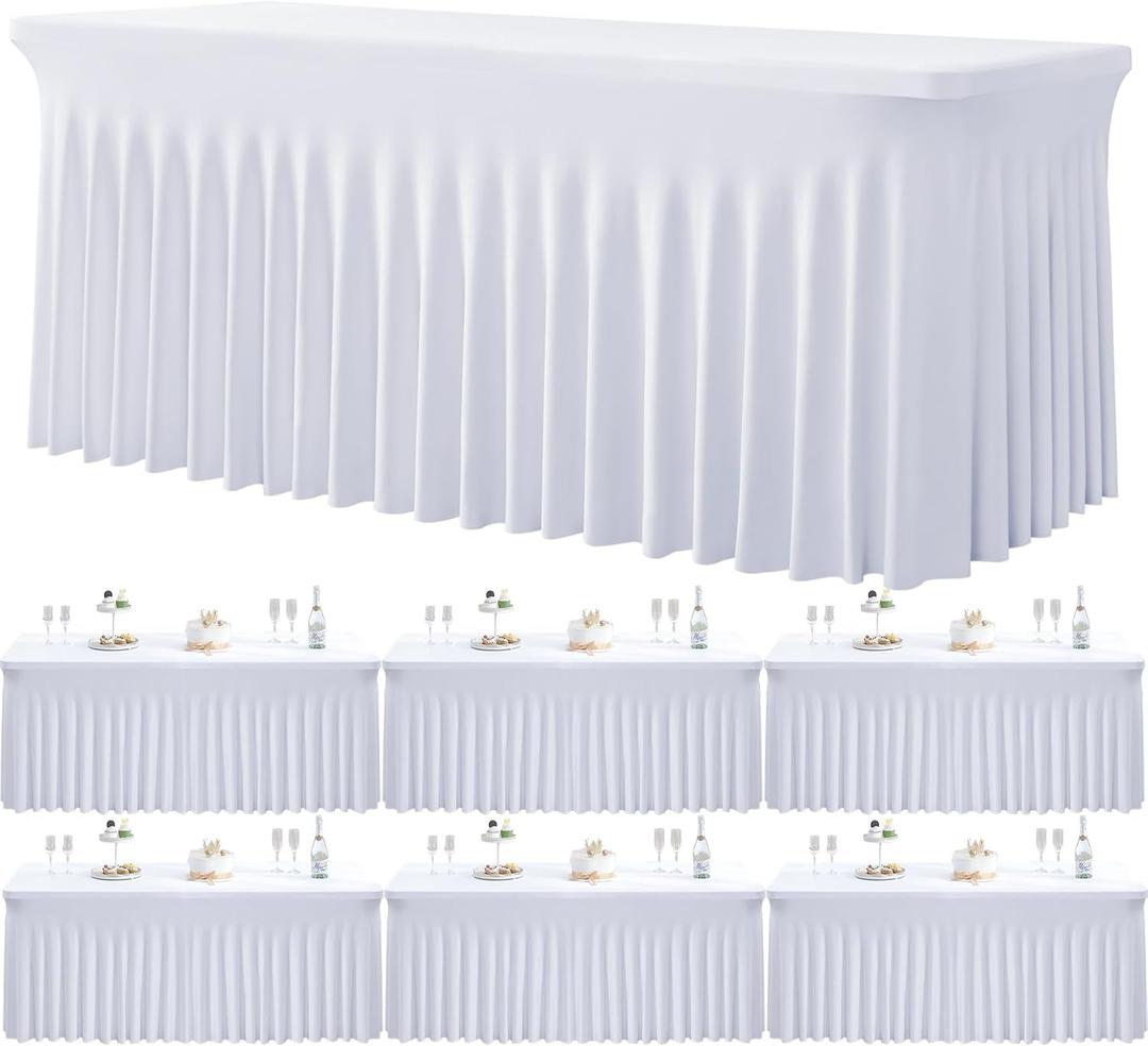 6 Pack Spandex White Table Clothes for 6 Foot Rectangle Tables, Wrinkle Free Stretch Table Cloths 6ft Fitted Tablecover Desk Skirt for Birthday Parties Wedding Banquet Baby Shower (6FT(6pack))