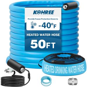 Kohree 50FT Heated Water Hose for RV, -40  Heated Drinking Water Hose 5/8", Heavy Duty Heated Hose for RV, Camper, Truck, Leak Free, Abrasion-Resistant Cover, Energy Saving Thermostat