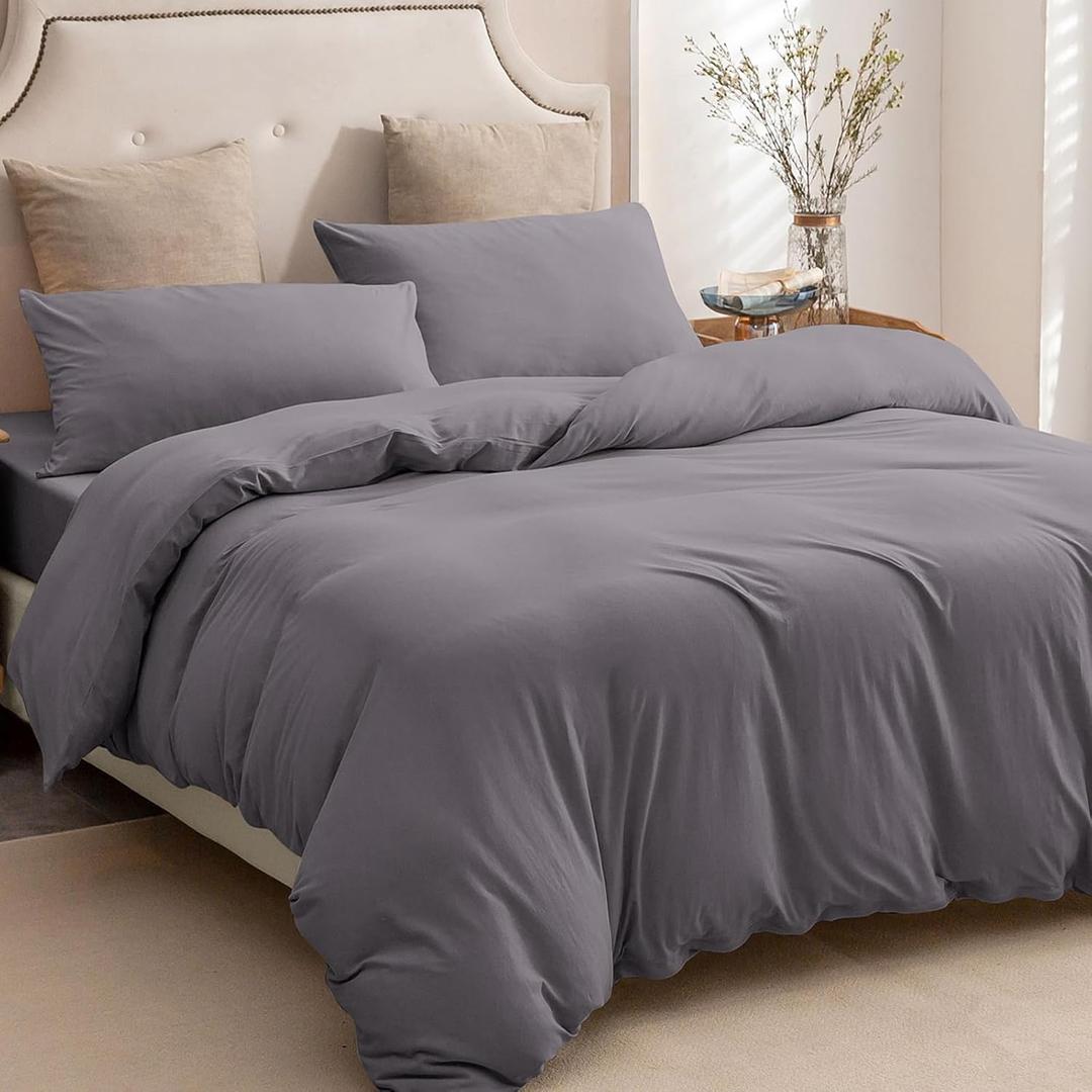 PURE ERA Jersey Knit Duvet Cover Set 100% T-Shirt Cotton Super Soft Comfy 3pc Bedding Set with Zipper Closure (Solid Grey Purple, Queen, 90"X90")