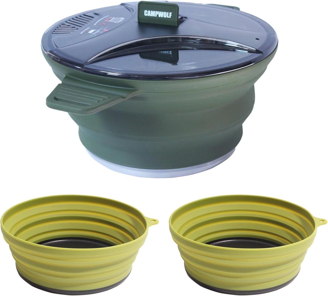 Collapsible Camping Cookware Mess Kit for Backpacking Gear,Portable Camping Pot and Bowls Set,Camp Kitchen Equipment Accessories (3), Dark Green