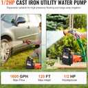 VEVOR Cast Iron Water Transfer Pump, 115V AC 1600 GPH 1/2HP, Portable Electric Utility Pump with Carbon Brush, Filter, Brass Connectors, for Garden, Rain Barrel, Pool, Pond, Hot Tub, Aquarium Draining