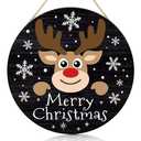 CHDITB Merry Christmas Sign,Reindeer Welcome Wood Sign, Farmhouse Round Xmas Wooden Sign,Funny Winter Wooden Door Hanger Decorative,Funny Holidays Deer Face Wooden Front Door Hanger