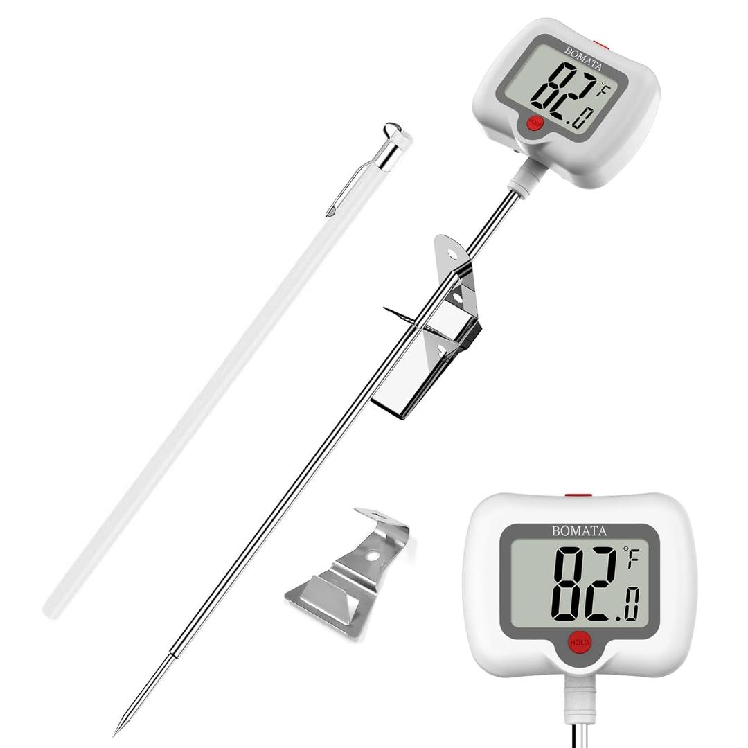 BOMATA 8" Long Probe Candy Thermometer with Pot Clip, Rotating Display, High Accuracy Instant Read Digital Thermometer for Candles, Liquids, Cooking, Grilling and More White
