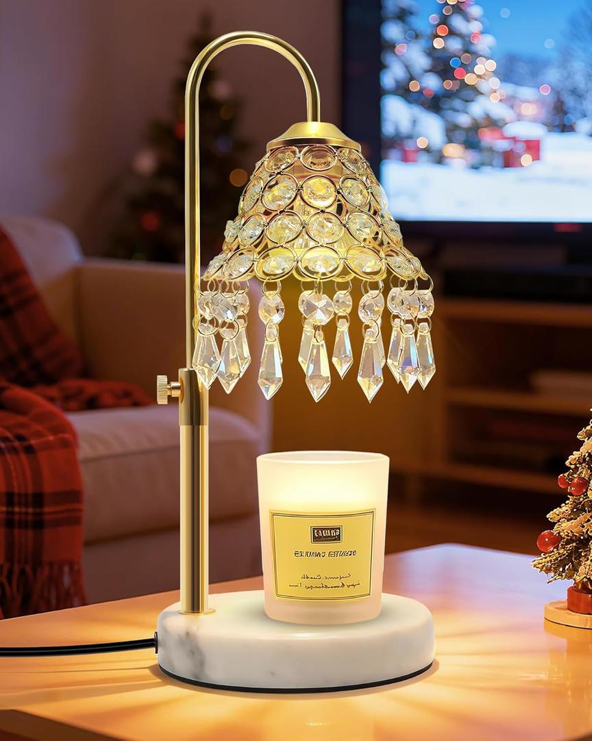 Crystal Candle Warmer Lamp with Timer and Dimmer - 2-in-1 Electric Wax Melt Burner & Dimmable Table Lamp, Adjustable Height Stand, White Marble Base, Birthday Gifts for Women, Elegant Home Decor (Gold)