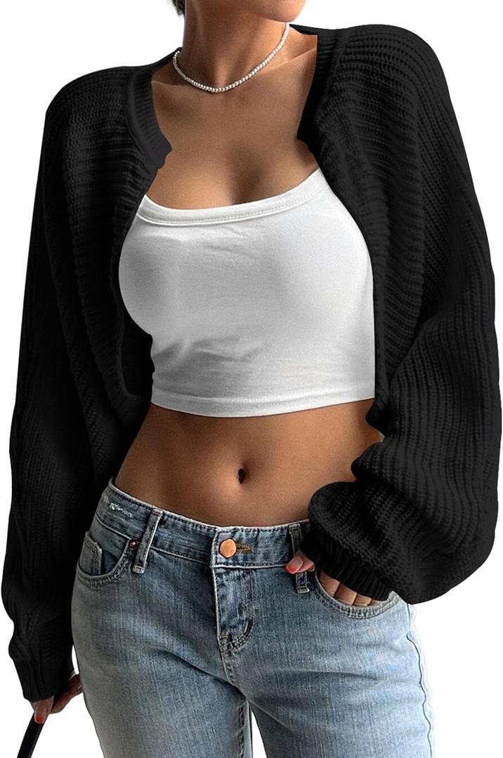 Womens Bolero Shrug Sweaters Long Sleeve Open Front Rib Knit Cropped Cardigan Sweater (Small, Black)