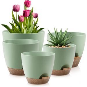 Plant Pots 10/9/8/7.5/7 Inch Self Watering Pots, Set of 5 Plastic Planters with Drainage Holes and Saucers,Plastic Flower Pots,Nursery Planting Pot for Indoor Out Door PlantsGreen