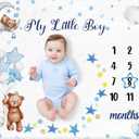 Mindsoft Sleeping Bear Monthly Baby Milestone Blanket Bear Star Balloon Flannel Blanket Boy Newborn Infant Swaddle Growth Baby Frame for Boys Girls Nursery (Blue)
