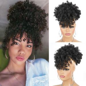 Afro Puff Drawstring Ponytail with Bangs Pineapple Updo Hair for Black Women, Short Kinky Curly Ponytail Bun (1B) (12 Inch)