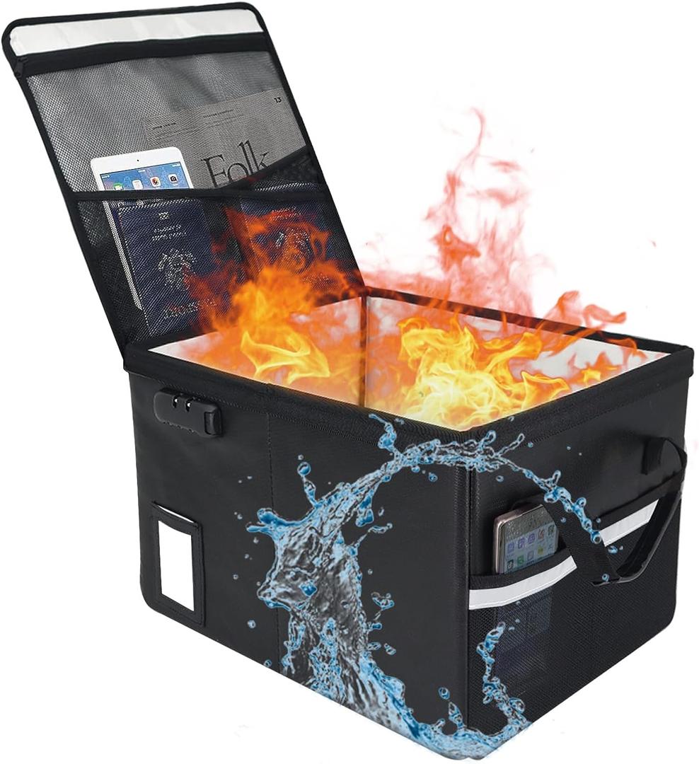 File Box with Lock 5200F with Heat Insulated,Fireproof Box File Storage Organizer Anti-Static,Collapsible Fireproof Document Filing Box with Handle,Portable Home Office Safe