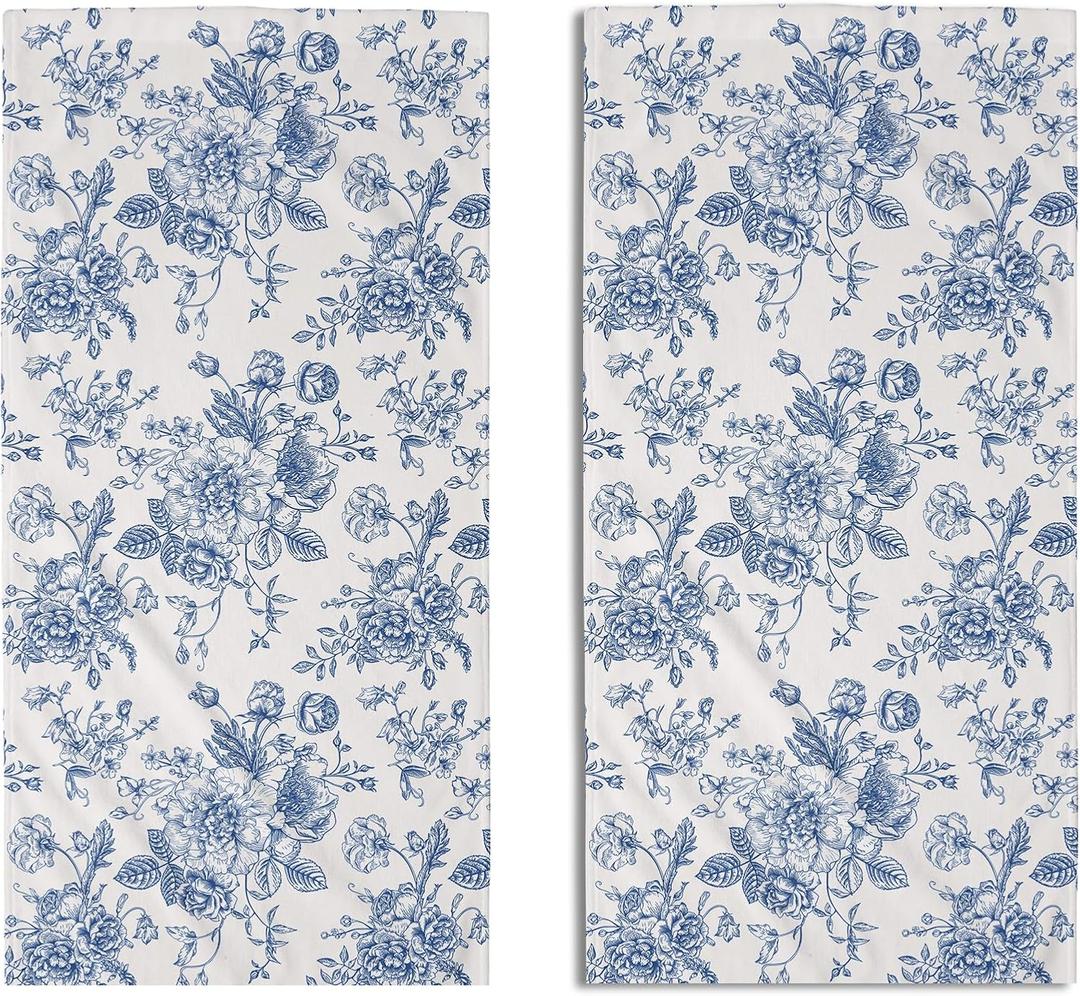 Blue Floral Spring Hand Towels for Bathroom Set of 2 Vintage Flowers Botanical Print Cream White Decorative Handtowels Soft Absorbent Seasonal Bath Towel for Home Guest Room Hotel Gym Spa, 28"L x 14.5"W