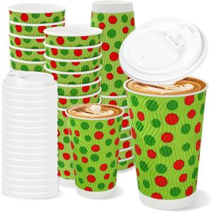 JarThenaAMCS 100Pcs Green Christmas Disposable Coffee Cups with Lids Paper Cups Red Green Dot Corrugated Ripple Wall Insulated Hot Cup for Xmas Winter Supplies, 16oz