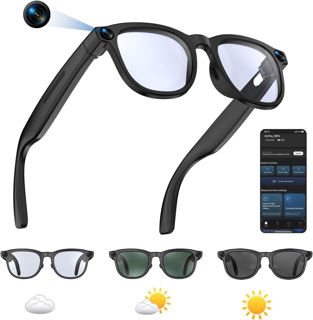 AI Smart Glasses with Camera, 1080P Video Recording Camera Glasses for Men and Women, Real Time Translation, AI Voice Assistant, Bluetooth Audio, WiFi Transfer for Vlogging, Sports, Travel (Black)