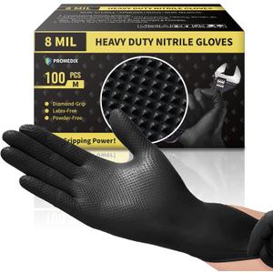 PROMEDIX P Heavy Duty Nitrile Gloves with Diamond Texture 8 Mil Non-Medical Disposable Glove Latex Free Powder Free Industrial -Black, Large