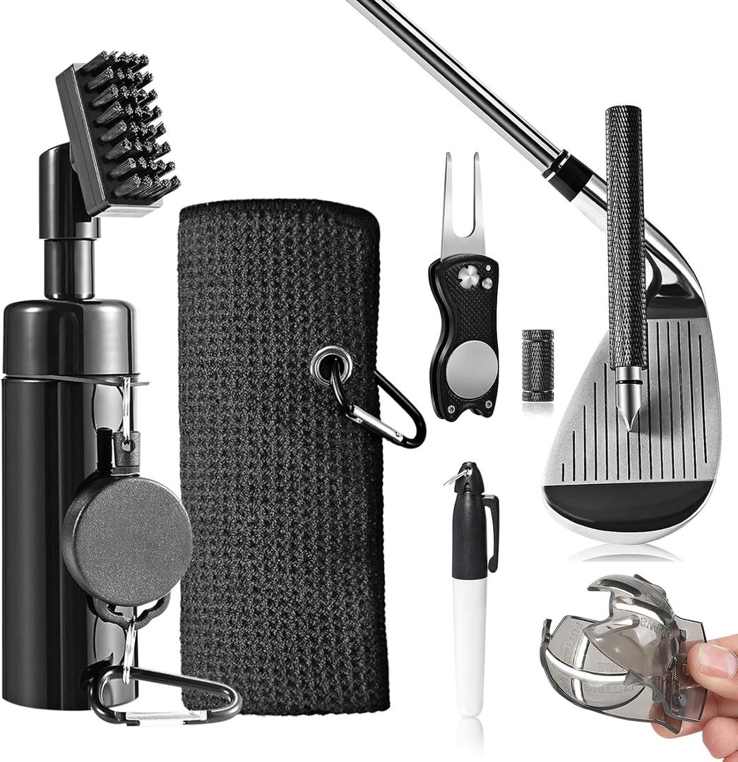Golf Club Cleaning Kit with Golf Club Cleaner with Water Golf Towel Divot Repair Tool Groove Sharpener Golf Ball Alignment Kit Complete Golf Cleaning Kit Golf Accessories for Women Men (black)