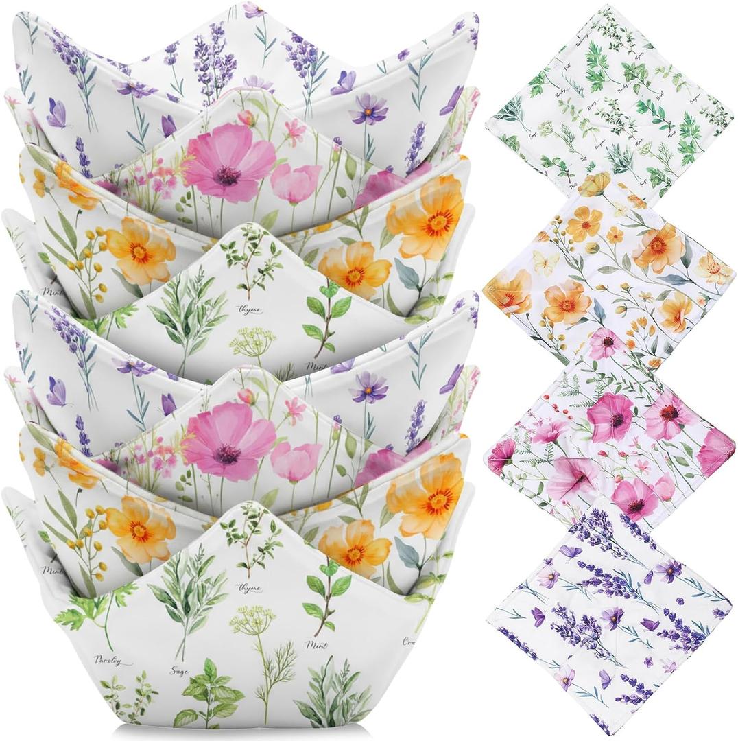 FoldTier 8 Pcs Microwave Bowl Cozy Holders, Floral Pattern Reusable Hot Pads Soup Potholders Heat Resistant Non Slip Grip Housewarming Party Favors Kitchen Accessories for Hot Food Plates