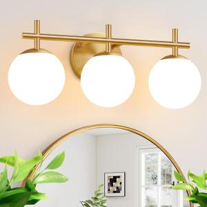 3-Light Bathroom Light Fixtures, Brushed Gold Vanity Lights for Bathroom with Milky White Glass Ball Shade, 18.9 inch Bathroom Lighting Fixtures Over Mirror, Wall Sconce for Bedroom(Bulb Not Included)
