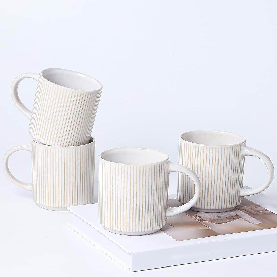 Coffee Mugs Set of 4, 12 OZ Ceramic Coffee Mugs with Handle, Vertical Stripes Coffee Cups Set for Latte/Tea/Cocoa/Milk, Microwave and Diahwasher Safe (Beige)