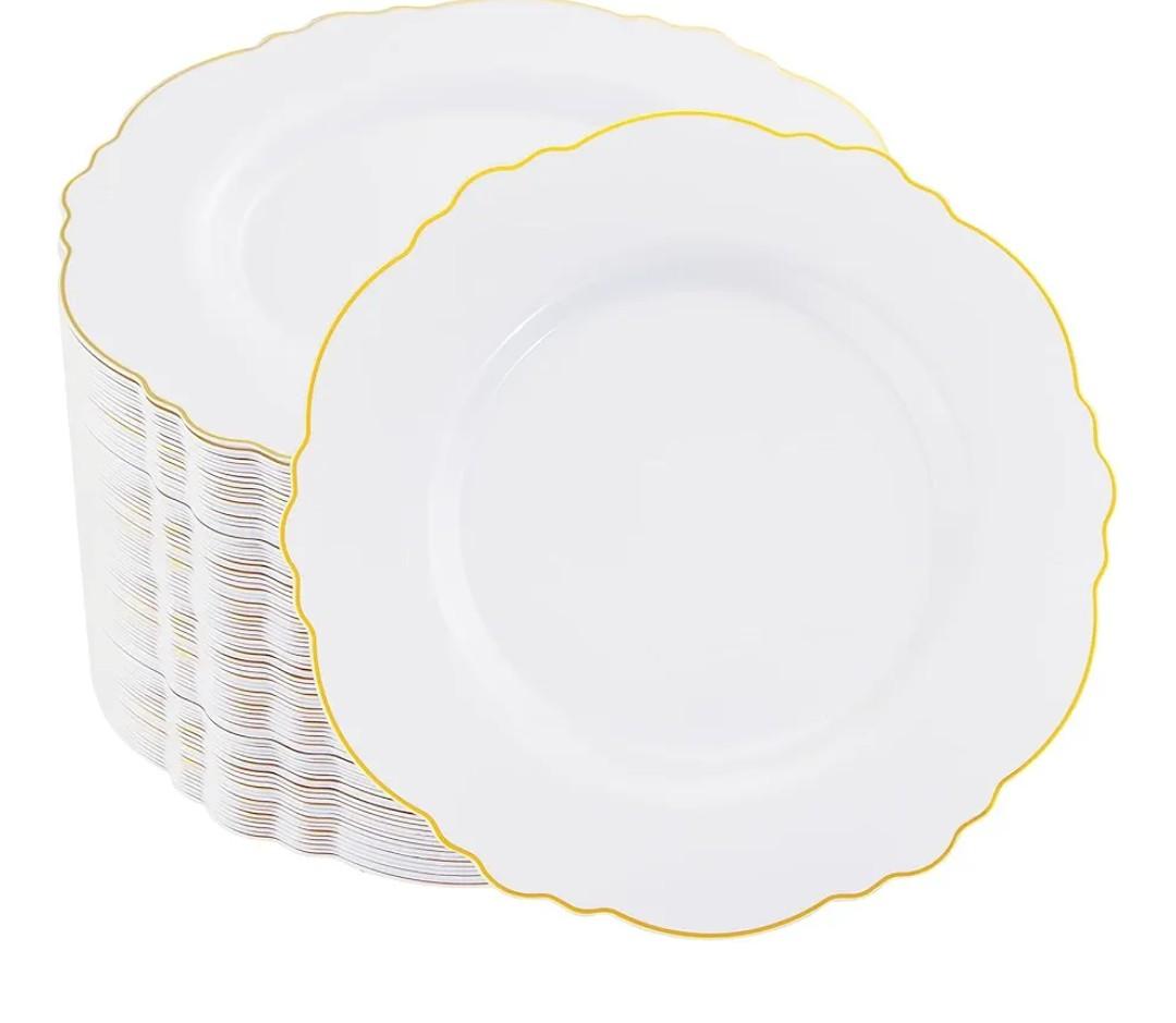 WDF 60pcs Gold Dessert Plates-7.5inch Baroque White and Gold Small Dessert Plates/Disposable Salad/Appetizer Plate for Upscale Bridal Shower/Wedding/Birthday