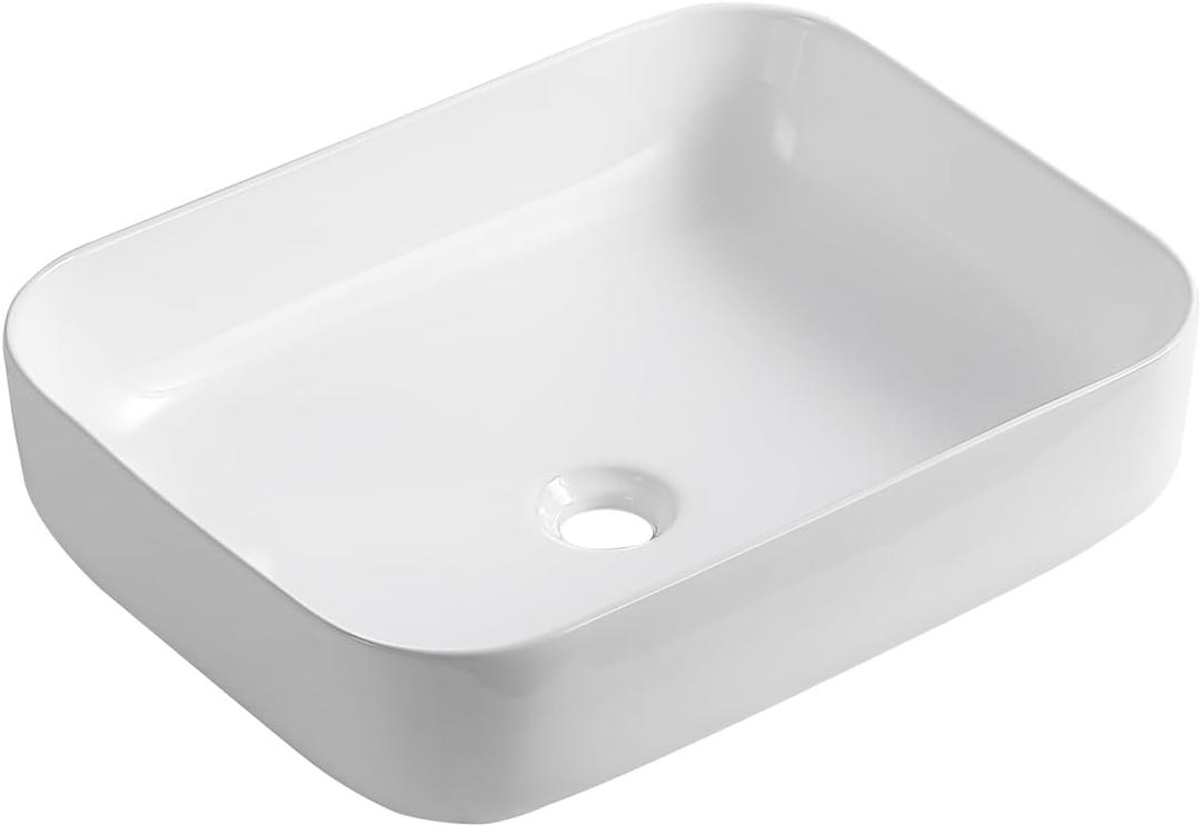 KINGWONG 20 Inch Rectangular and Round Corners Bathroom Vessel Sink Countertop Sink White Porcelain Vessel Sink without Overflow Hole 20 x 15 in Above Counter sink, 20x15.15x5.3 inches