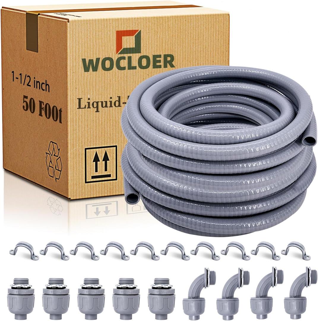 1-1/2 inch 50 Foot Liquid-Tight Conduit Kit, Flexible Non Metallic Electrical Conduit and Connector Kit, With 5 Straight and 4 Angle Fittings and Pipe Strap