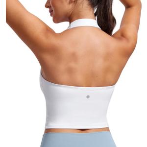 CRZ YOGA Butterluxe Halter Crop Tank Tops for Women - Open Back Padded Longline Sports Bras Workout Gym (White, M)