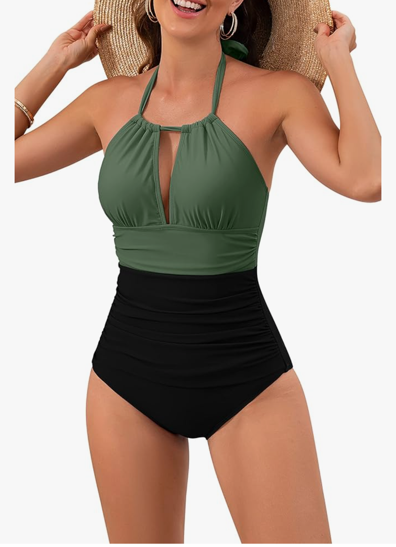 B2prity Women's Slimming One Piece Swimsuits Tummy Control Bathing Suit Halter Swimwear for Big Busted Curvy Woman, L, Green & Black