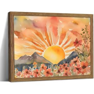 Framed Sunset Boho Wall Art for Living Room - Modern Abstract Floral Canvas Picture Boho Wall Decor, Sun Landscape Aesthetic Painting Poster Prints for Bedroom Home Office 12x16 inch