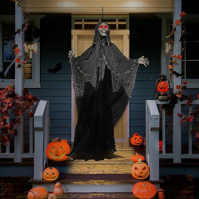 Barleit 71'' Life Size Halloween Decorations Outdoor, Electric Skeleton with Glowing Eyes Sound Adjustable Arms Swaying Body Voice/Touch Sensing, Halloween Animatronics for Indoor Yard Lawn Decor