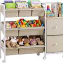 Kids Toy Organizers and Storage Bins - 7 Storage Bins + 2 Fabric Drawers + 1 Bookshelf, Playroom Storage, Mobile Cart Organizer for Toy, Clothes, Blankets and Books - Off White