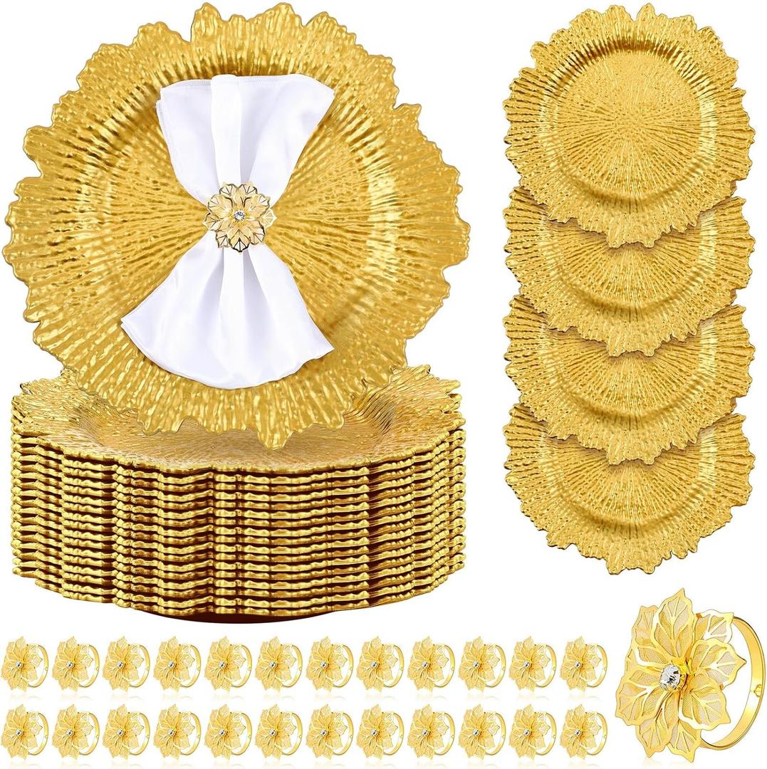 Dandat 100 pcs Charger Plate Bulk 13'' Floral Reef Plates with Napkin Ring Plastic Dinner Charger Hollow Out Flower Napkin Holder Plastic Plate for Table Setting Wedding Party(Gold)