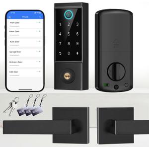 BEBASIA APP Control Fingerprint Lock with Handle, Heavy Duty Smart Keyless Entry Front Door Lock Set, Keypad Deadbolt with Lever Handles, Smart Locks for Front Door, Anti-Peeping Password Black