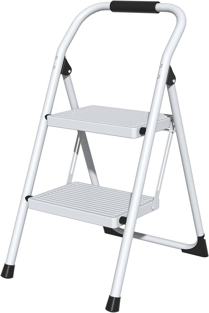2 Step Ladder for Kitchen Step Stool, Lightweight Folding Step Stool with Curved Safety Handrail, Auto-Lock Mechanism & Non-Slip Wide Pedals, Slim 2 Step Ladder Foldable for Home IndoorWhite