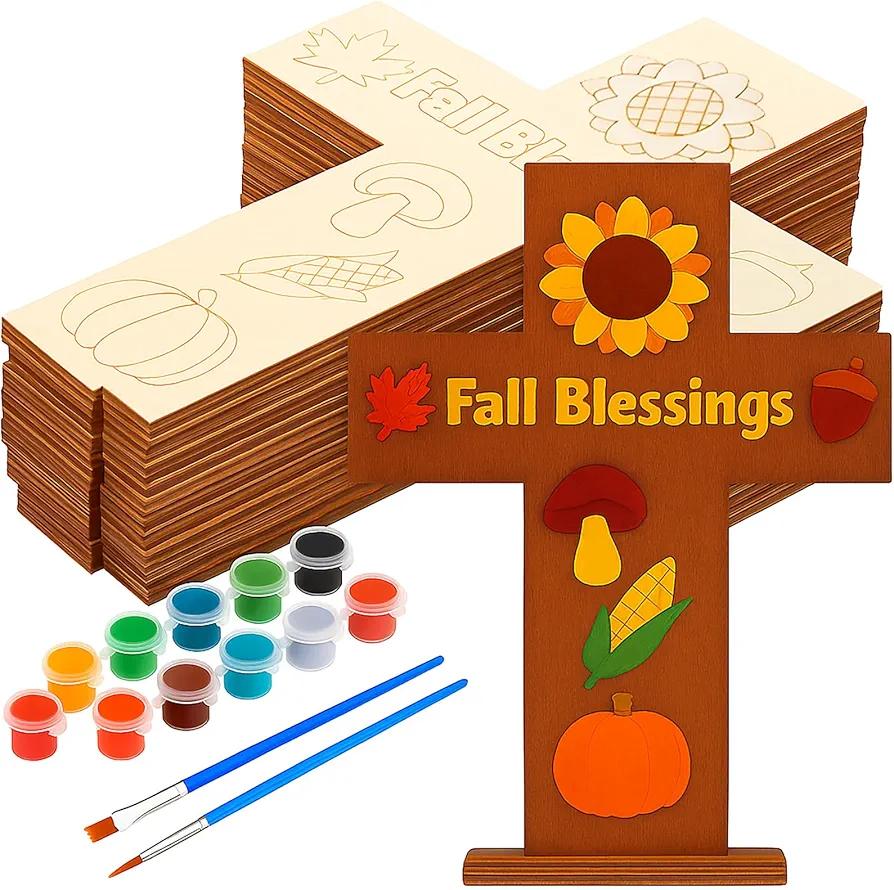 DoubleFill 12 Sets Religious Fall Blessing Wood Cross Craft to Paint for Kid Unfinished DIY Fall Cross Craft Kit for Painting Make Your Own Christian Thanksgiving Sunday School Church Classroom Autumn