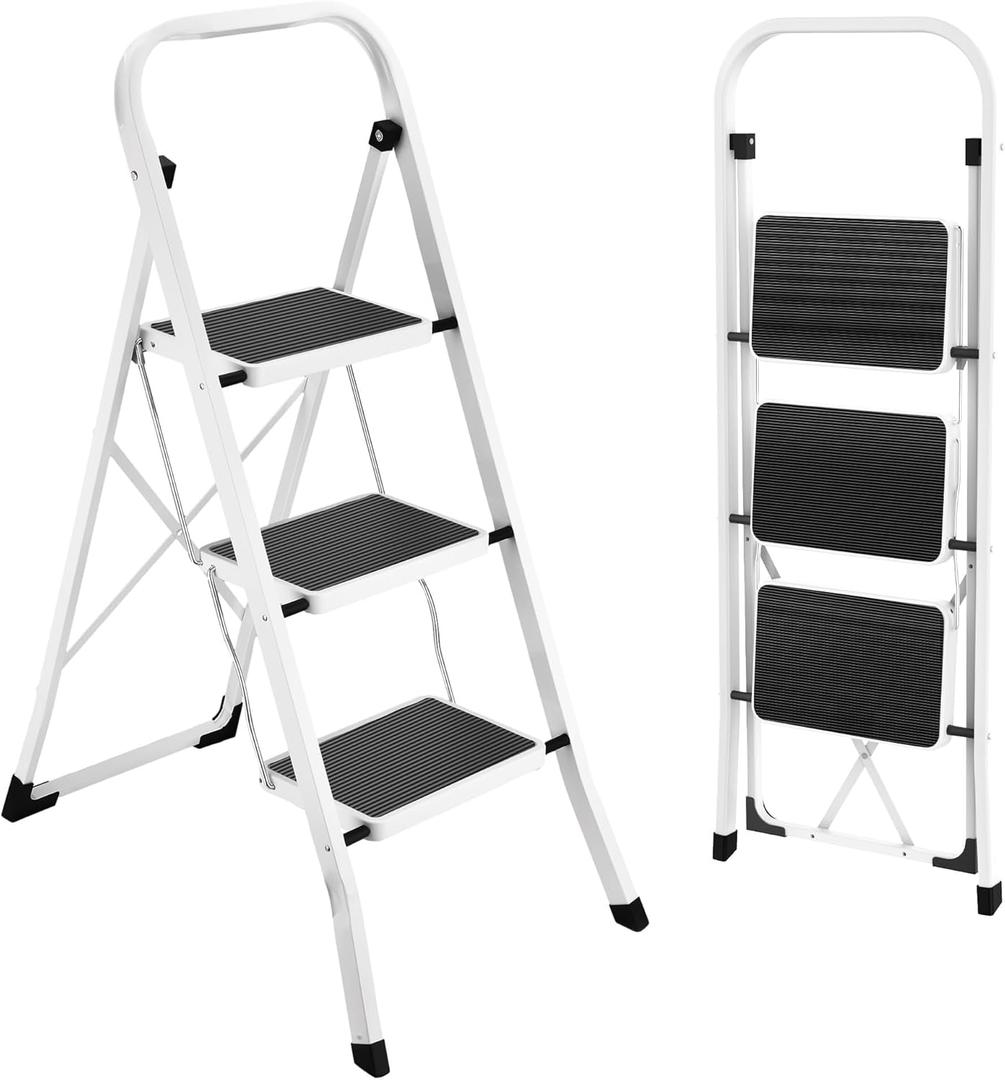 HBTower Step Ladder Folding Step Stool for Adults with Anti-Slip Pedal,330 lbs Capacity for Kitchen, Home,White