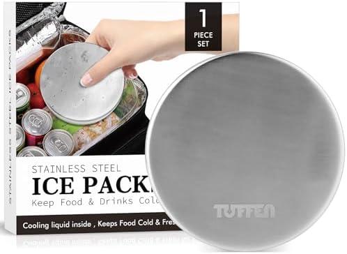 Tuffen Small Ice Packs for Lunch Boxes, Stainless Steel Round Cold Packs for Cooler, Reusable Long Lasting Freezer Packs, Multi Use Cooler Accessories for Camping and Pain Relief (1 Pack)
