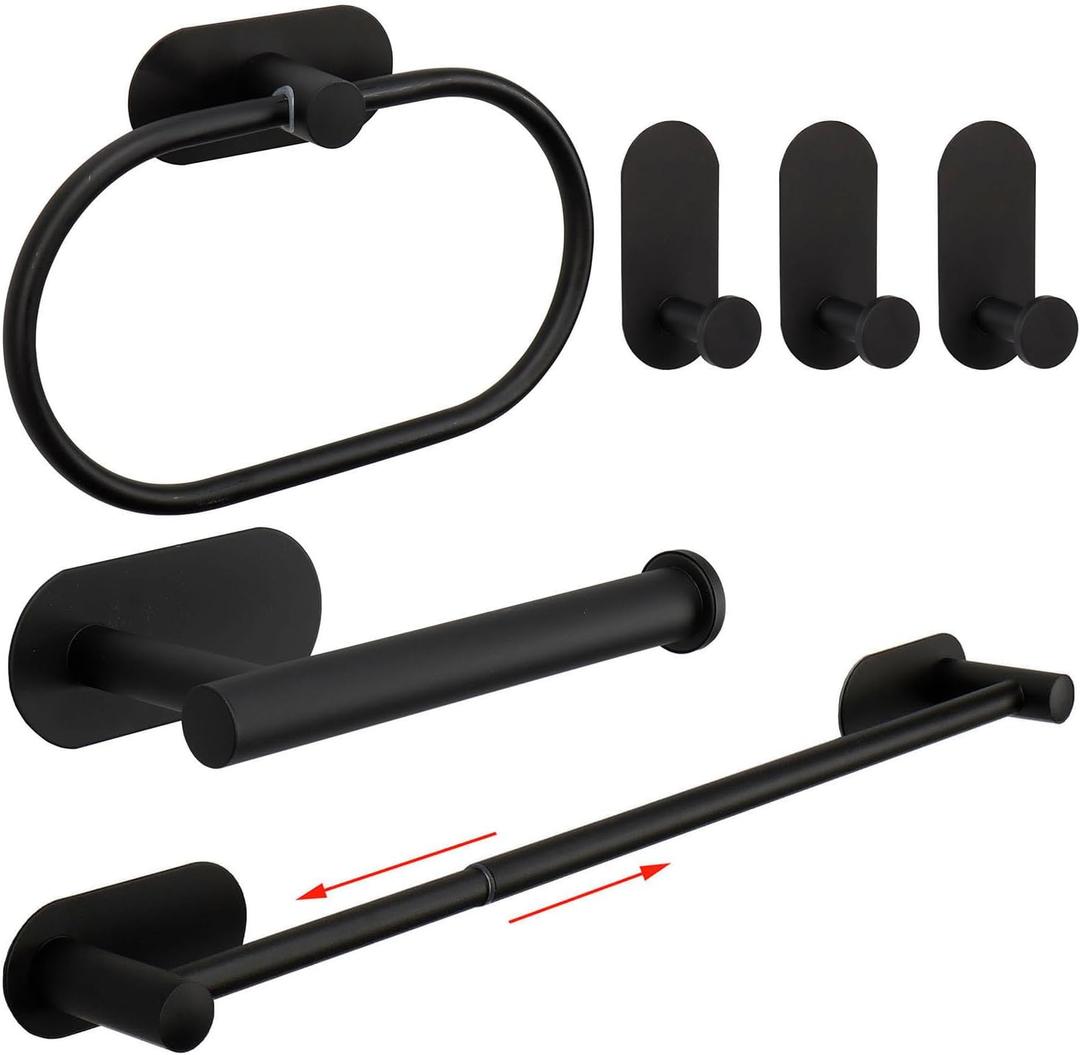 TocTen 6 Pieces Self Adhesive Towel Bar Set, Stainless Steel Bathroom Hardware Set Include Adjustable Towel Rack, Towel Ring, TP Holder, 3 Towel Hook, No Drill Bath Accessory Kit(Matte Black,24IN)