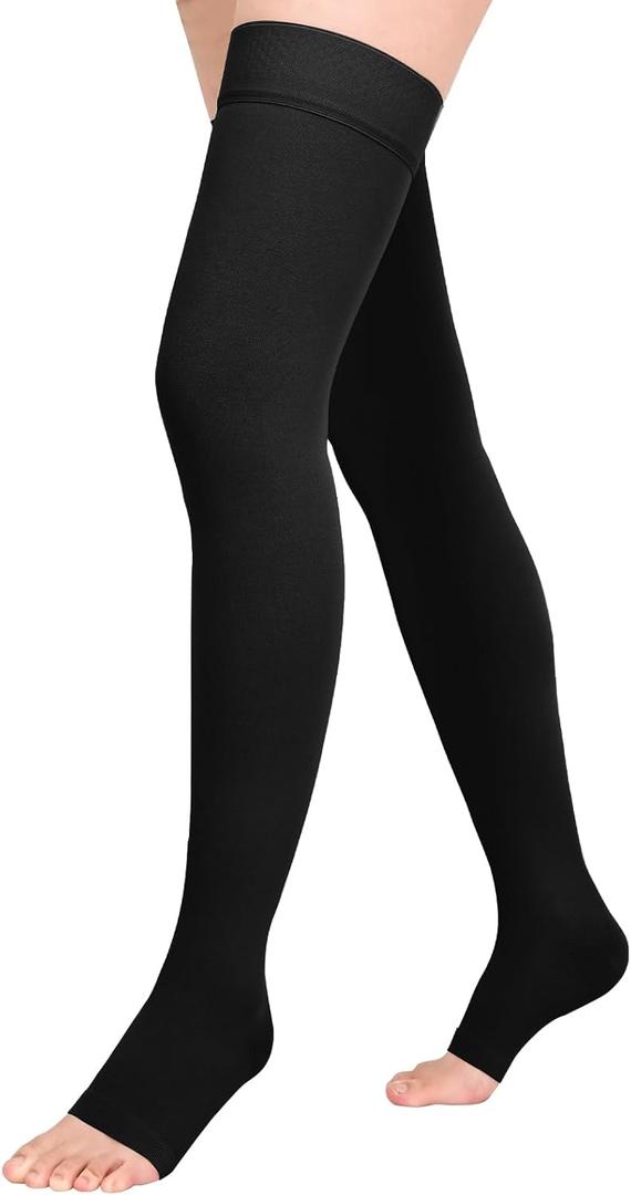 Athbavib 20-30mmHg Compression Stockings for Women and Men, Thigh High Closed Toe Medical Graduated Compression Socks, Best Support for Treatment Varicose Veins Swelling (Large, Open Toe-Black)