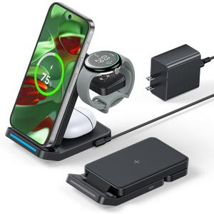 3 in 1 Foldable Wireless Charger for Google Pixel Watch 3/2(Not for Pixel Watch 4/1), Fast Charging Station Stand for Pixel 10 Pro XL/9/8/7 Pro/9a/8a/6 Pro and Buds with QC Adapter for Travel, Black