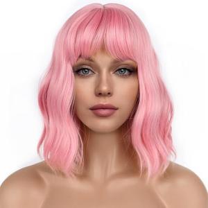 LANCAINI Pastel Bob Wigs with Bangs for Women Loose Wavy Wig Pastel Wavy Shoulder Length Bob Synthetic Cosplay Wig for Girl Colorful Costume Wigs (Pink)