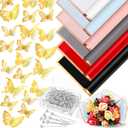 Yeaqee 60 Sheets Flower Wrapping Paper with 200 Pcs Bouquet Pin 48 Pcs 3D Gold Butterflies Decor for Festival Wedding Birthday Anniversary Mother's Day DIY Graduation Bouquet (Mix Color)