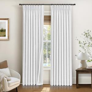 INOVADAY Pinch Pleated Curtains, 100% Light Blocking Linen Pinch Pleat Blackout Curtains for Bedroom, Thermal Insulated Blackout Drapes 2 Panels Set for Living Room - White, W40 x L96