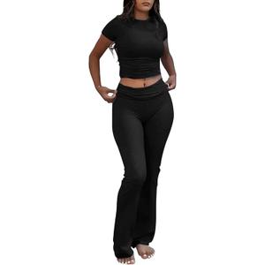 Women's 2 Piece Lounge Outfits Slim Short Sleeve Tops Low Rise Flare Leggings Sets Yoga Sweatsuit (Large)