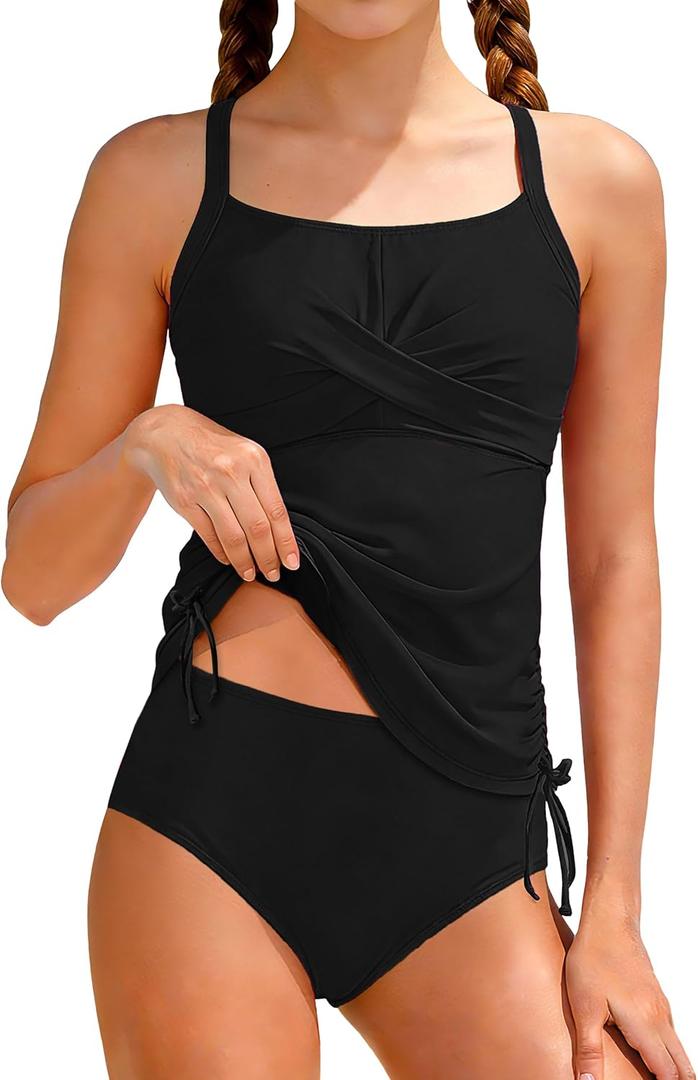 Girls Swimsuit Adjustable Straps Two Piece Tankini Set Criss Cross Ruched Drawstring Teen Bathing Suits for Girls 9-16Y (9-10 Years, Black)