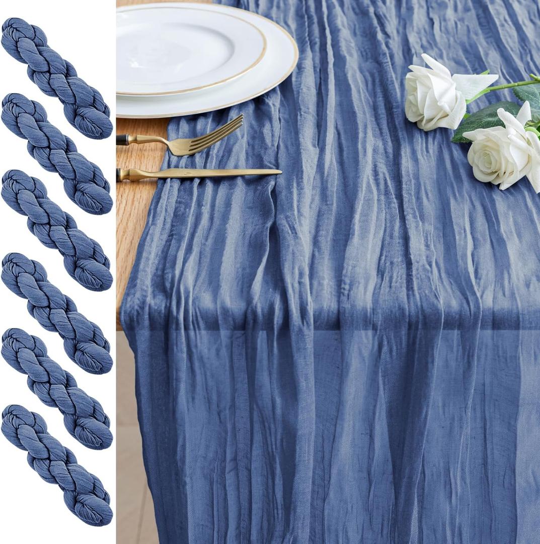 6PCS Table Runner Cheesecloth 10FT Blue Boho Gauze Cheese Cloth Rustic Sheer Table Runners for Wedding Birthday Bridal Baby Shower Party Decoration