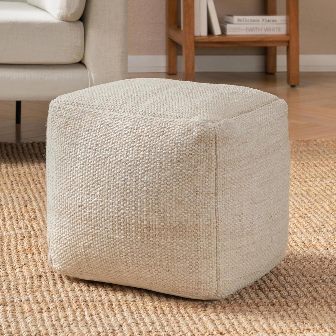Anji Mountain Pouf Ottoman Foot Rest, Handmade Ottoman Pouf, Comfortable Foot Stool, Decorative Floor Seating for Living Room Decor, Bedroom & Home Décor Accent - Ivory/Lt Brown, 16"D x 16"W x 16"H