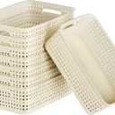 White Plastic Basket, 8 Pack Home Organization and Storage Baskets with Handles, Space Saving Woven Organizer Bins Plastic Storage Basket for Organizing Cabinets,Closets, Shelves, Countertops