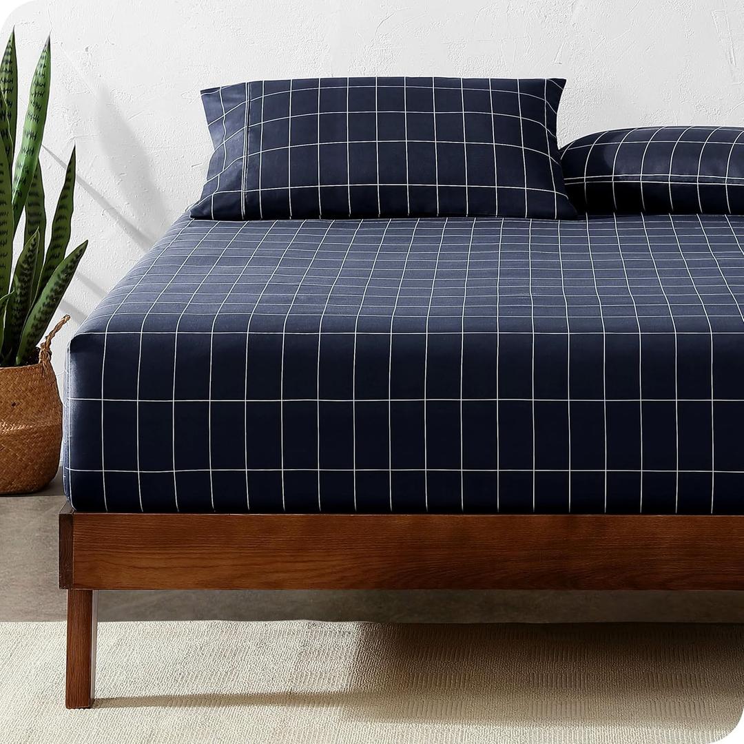 Bare Home Fitted Bottom Sheet Queen Size - Premium 1800 Microfiber - Ultra-Soft Hotel Luxury - Deep Pocket - Durable and Long Lasting (Queen, Grid - Midnight Blue/White)
