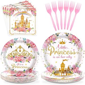 Grencian 96Pcs Princess Baby Shower Birthday Party Decorations A Little Princess is on Her Way Paper Plates and Napkins Castle Themed Birthday Tableware for Girls One Year Old Fairytale Party Supplies