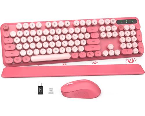 Wireless Keyboard Round Keycaps, Full-Size Retro Typewriter Keyboard with Detachable Wrist Rest, Sleep Mode & Tilt Legs, 2.4GHz Cordless Connection for Mac/Windows/PC (Hot Pink)